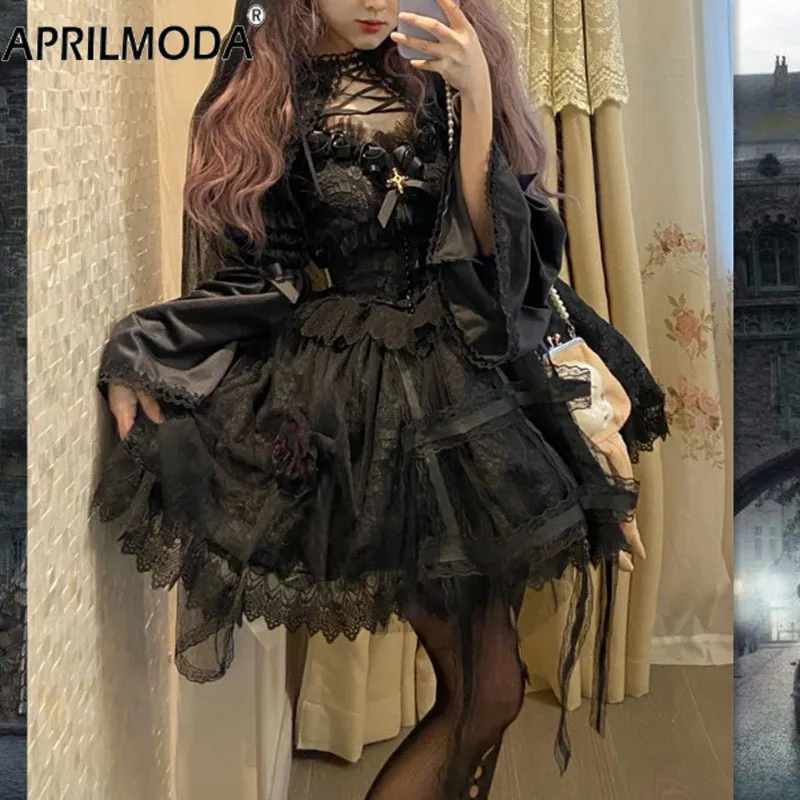 Japanese Style Kawaii Lace Lolita Dress Victorian Gothic Vintage Girl Sweet Princess Holiday Party Robe Women Black Sling Dress