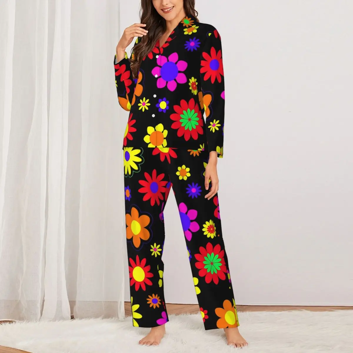 

Пижама женская с цветочным принтом, модная домашняя одежда для сна в стиле ретро, в стиле хиппи, одежда для сна, костюм из 2 предметов в стиле оверсайз, на заказ