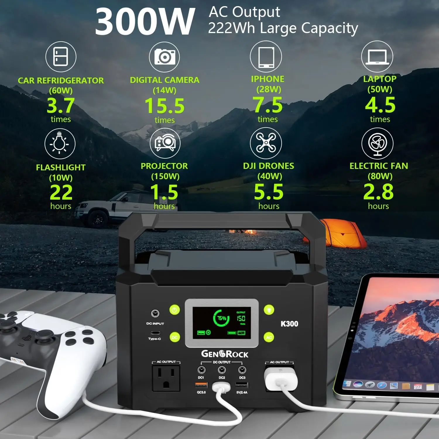 Portable Power Station, 110V/300W Pure Sine Wave Solar Generator, 222Wh Backup Lithium Battery With AC Outlet/QC 3.0/Type-C