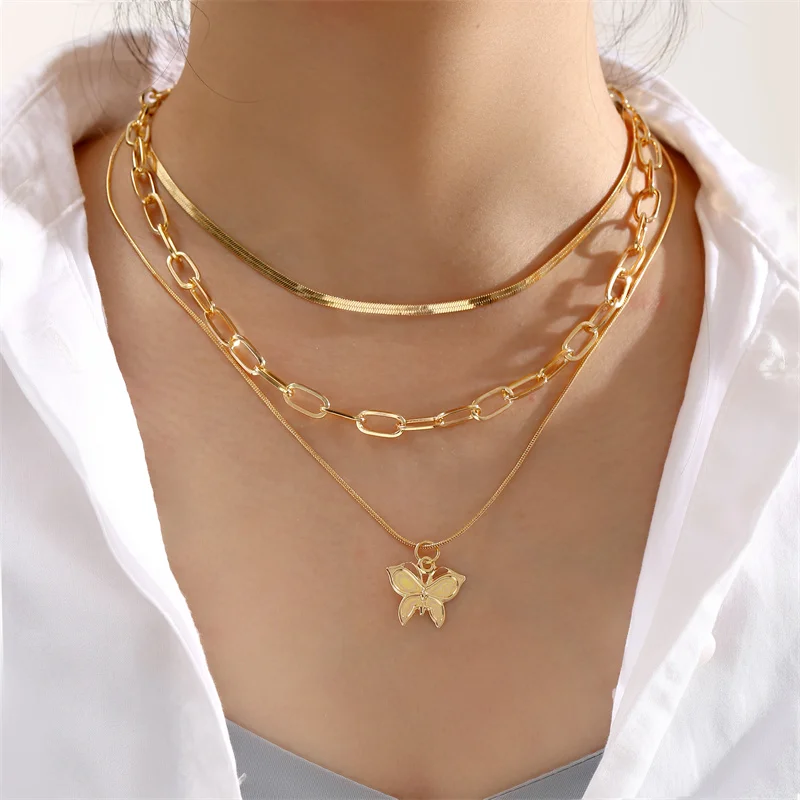 Gold Color Heart Multilayered Necklace Pearl Pendant Women Vintage Chain Butterfly Snake Jewelry Wedding Gifts 2024 NewTrendy