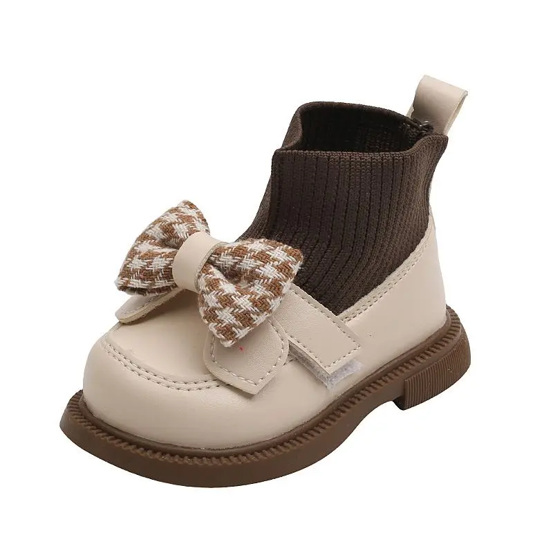 Infant Girl\'s Sock Boots Children Casual Knitted Short Boot  Winter Chunky Bow Elegant Cute Toddler Girl Patent Leather Shoes