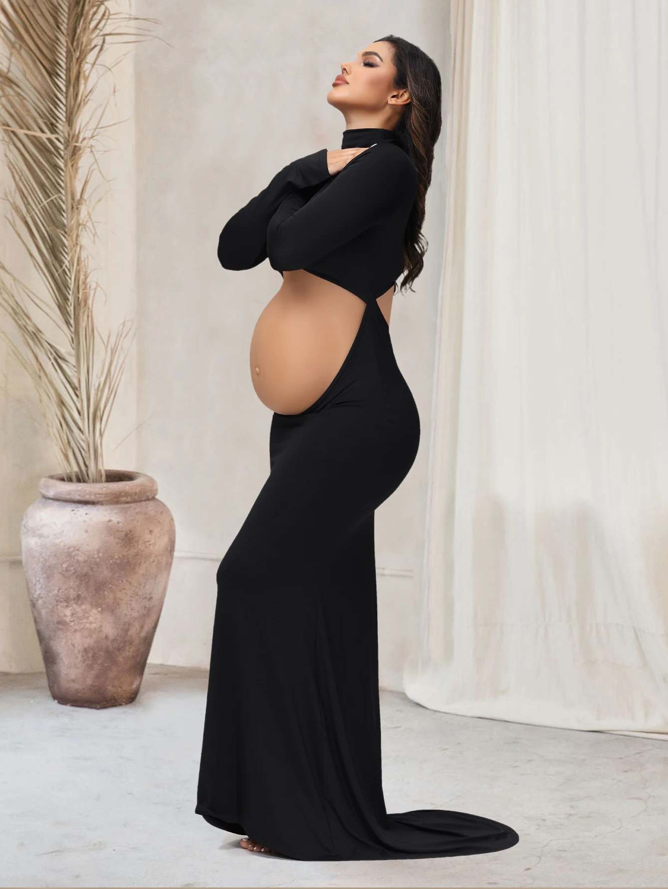 Pregnancy Dress Photography Props Maxi Gown Turtleneck Full Sleeve Cut Out Belly Bodycon Maternity PhotoShoot For Baby Shower 7 S06bab31bd4e6414383dc091f5f41ddb4Z