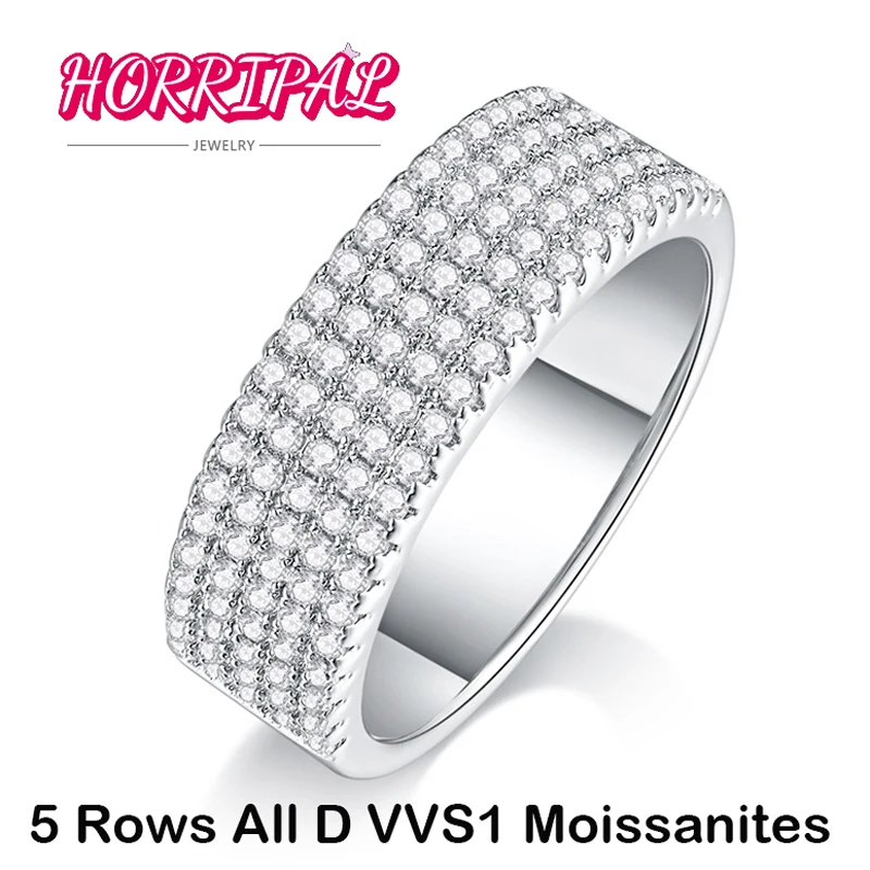 

HORRIPAL 3-5 Rows 100% Real D VVS1 Moissanite Rings Half Eternity Diamond Band with GRA S925 Sterling Silver Ring for Man Woman