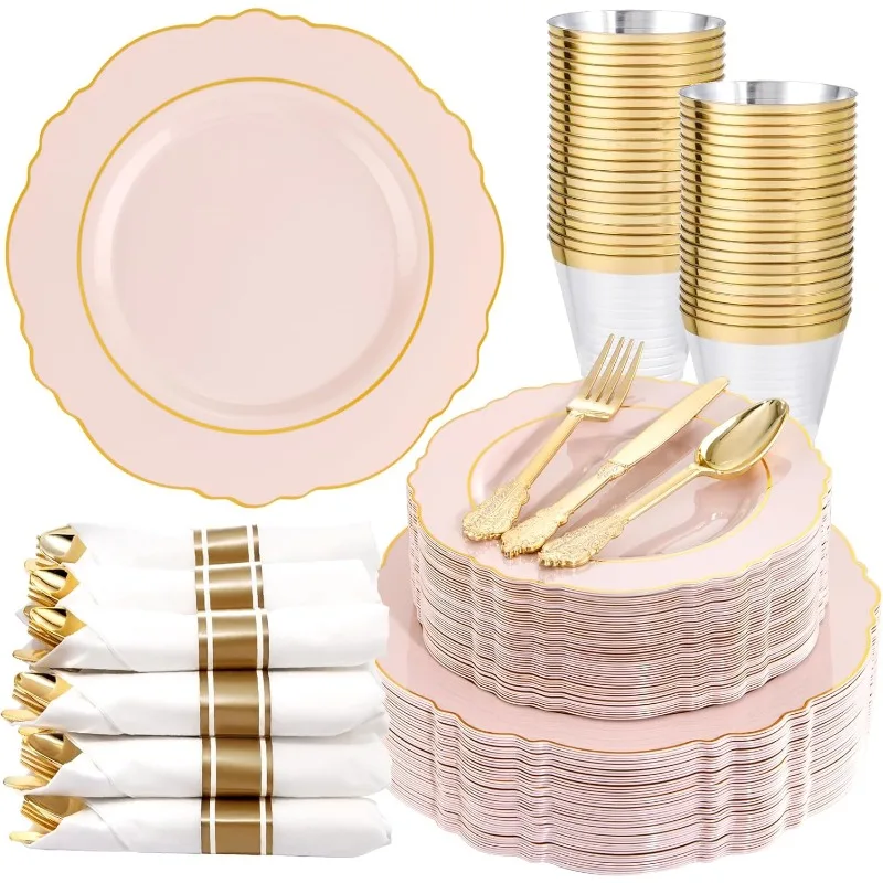 350PCS Pink Gold Disposable Dinnerware Set