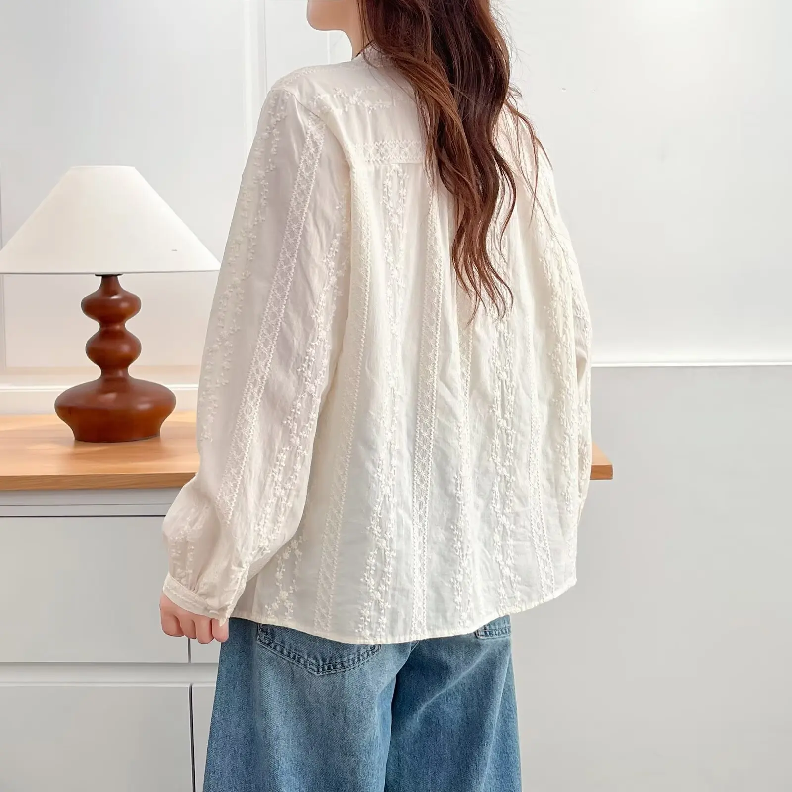 Fashion Plus Size Women's Blouses Autumn New Style Jacquard Embroidery Cotton Long Sleeve Shirt 9679