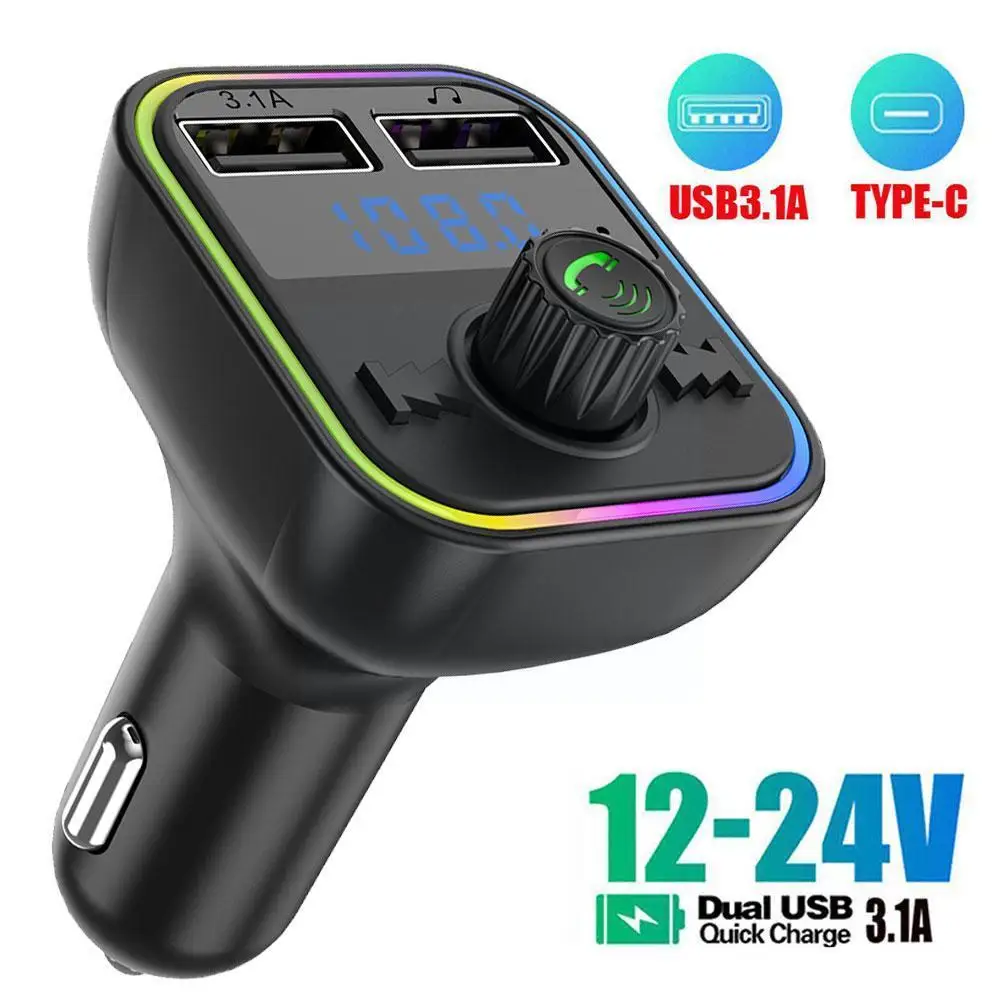 

Car Bluetooth 5.0 FM Transmitter PD Type-C Dual USB Fast Player Light Modulator Colorful Handsfree Charger Ambient MP3 3.1A M6K7