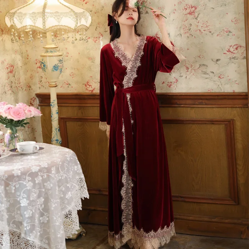 

Victoria Long Robes Set Women Luxury Velour Sling Nightdress Kimono Bathrobes Sexy Lace Sleepwear Nightgown Winter New Homewear