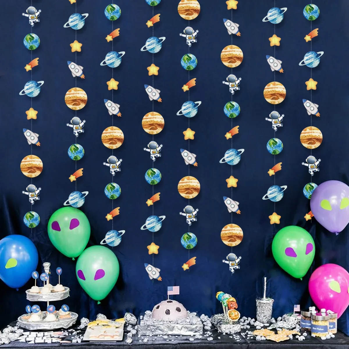 Weltraum Astronaut Planet Rakete Papier String Girlande Banner Kinder Geburtstag Baby Shower Party Wand Hintergrund Hängen Dekor