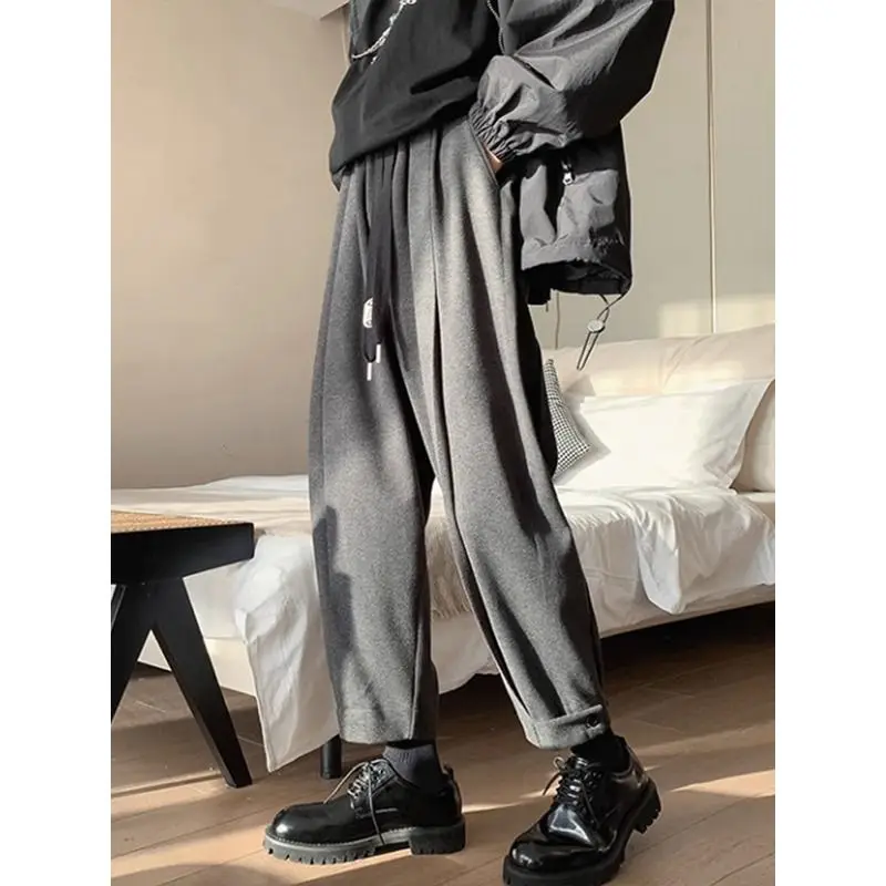 Spring Autumn Solid Color Fashion Elastic Waist Haren Pants Man High Street Casual Button Pockets Patchwork Drawstring Trousers