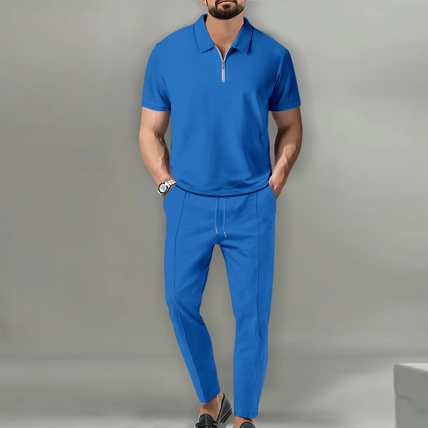 Men's casual Business Waffle fabric short sleeve zipper polo top and drawstring waffle pants suit