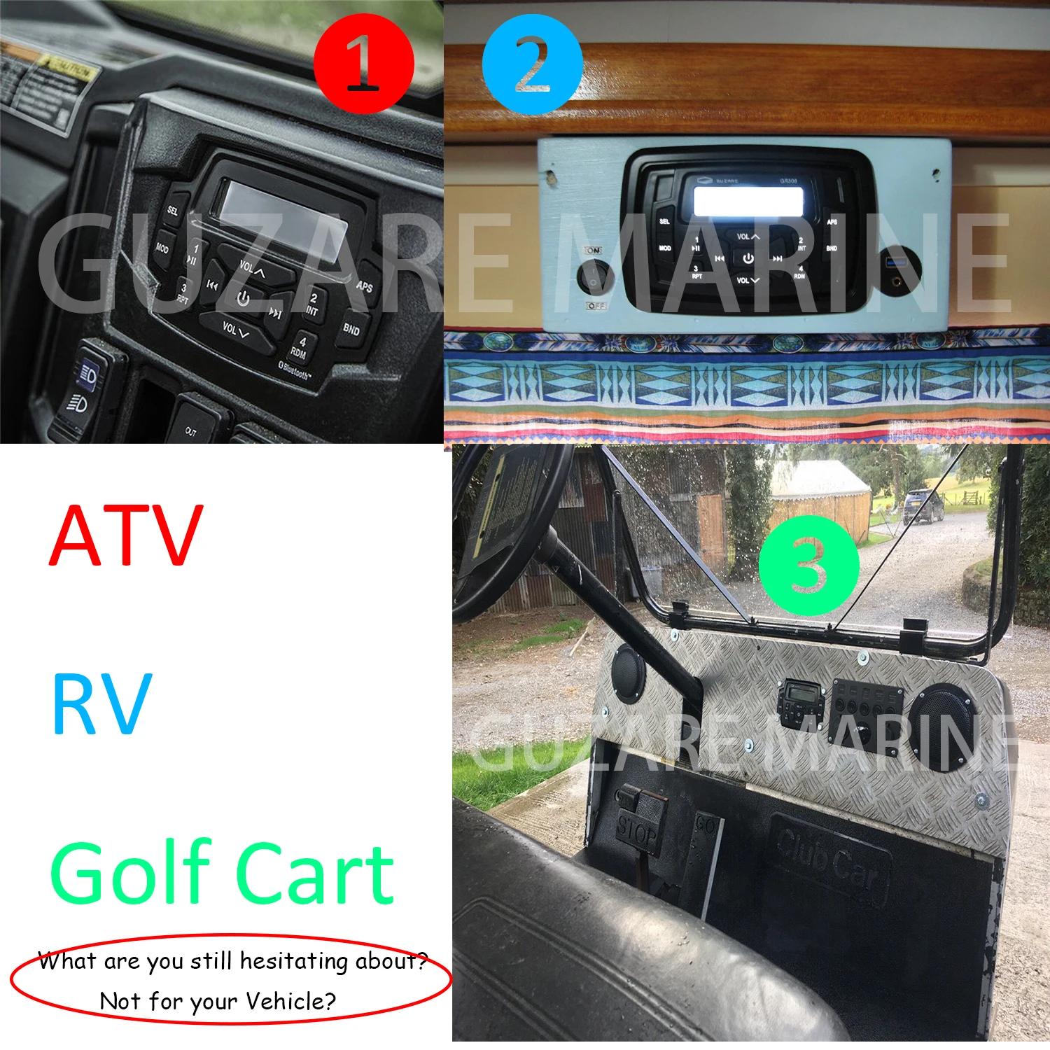 GUZARE MARINE Boat Radio Stereo Waterproof Bluetooth FM Receiver for UTV ATV RV Golf Cart Polaris Ranger Jet Ski