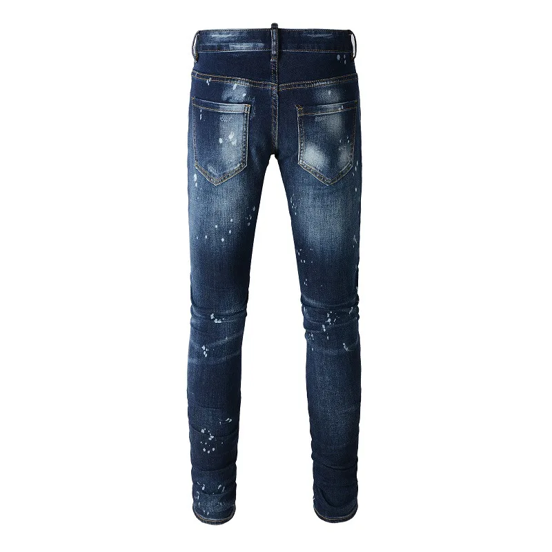 Washed and Made Old Cat Whisker Patch Ripped Elastic Slim Pants Ink Splashing Jeans for Men