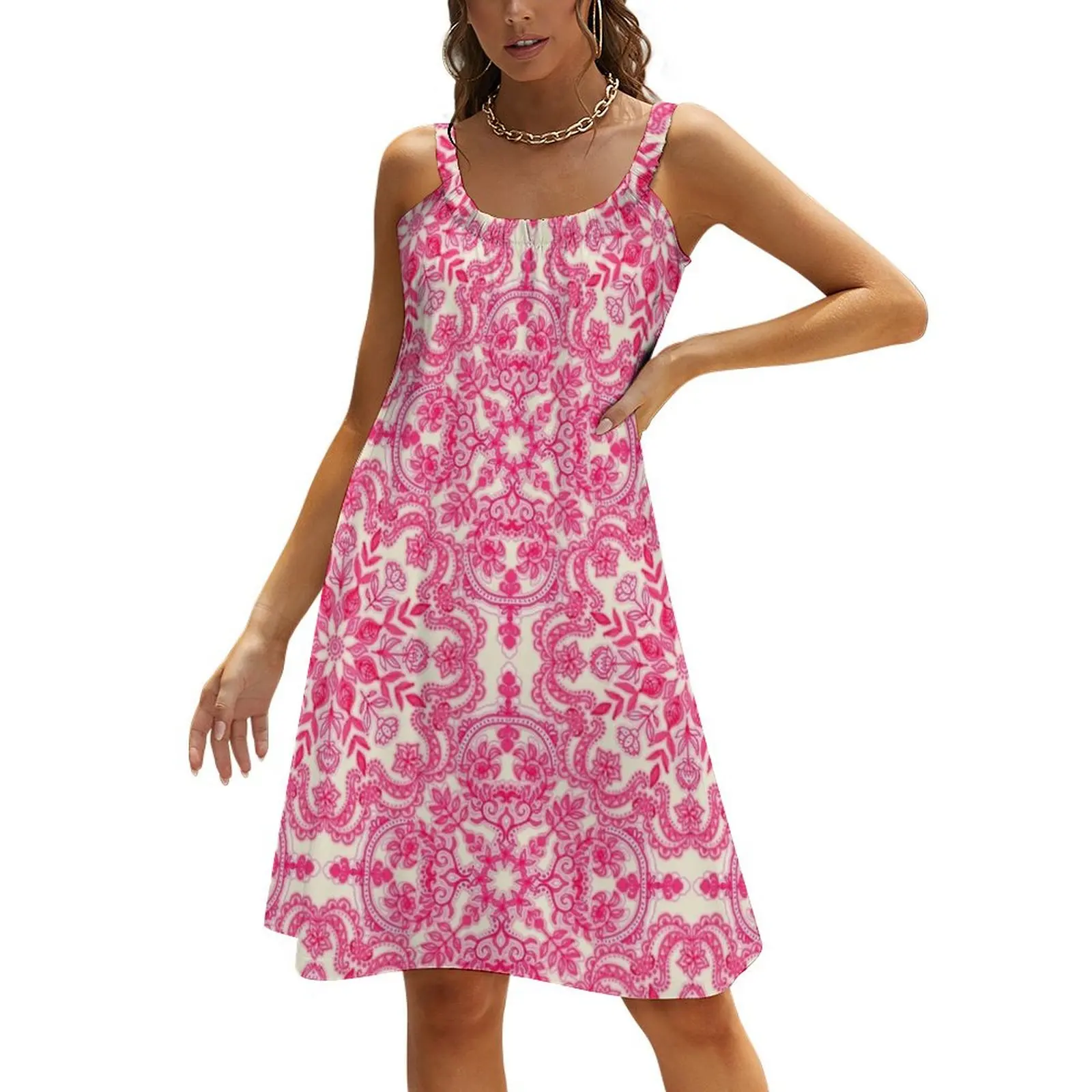 

Hot Pink & Soft Cream Folk Art Pattern Beach Sling Skirt fairy dress Women's summer dresses