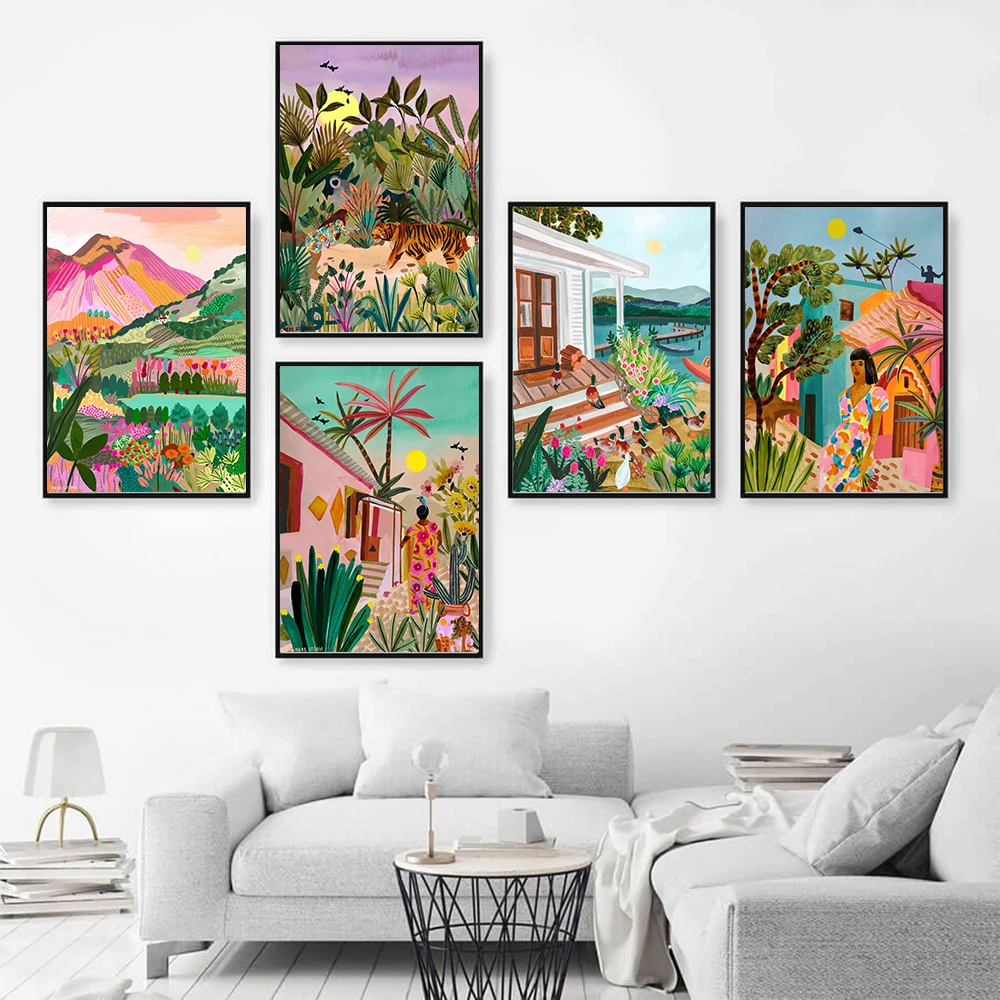 Paesaggio Arcobaleno Mountain Sunrise Canvas Painting Animal Ducks Tiger Prints And Poster Tropical Jungle Wall Art Pictures Decor