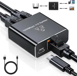 Dual - Port Ethernet Splitter with USB Power - Simultaneous Networking (1000Mbps 1 to 2)