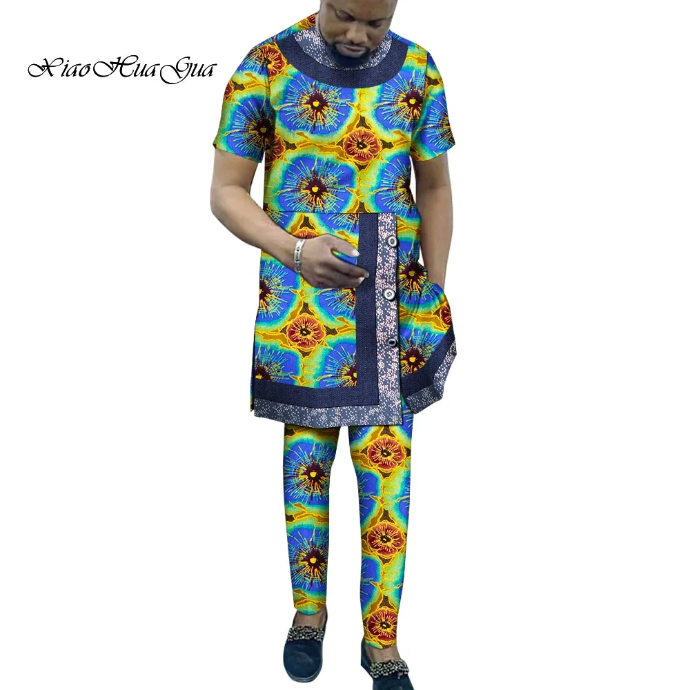 

Dashiki Print Men's Long Shirts+Trousers Pant Sets Ankara Fashion Male Groom Suits African Party Clothes Custom Made WYN1852