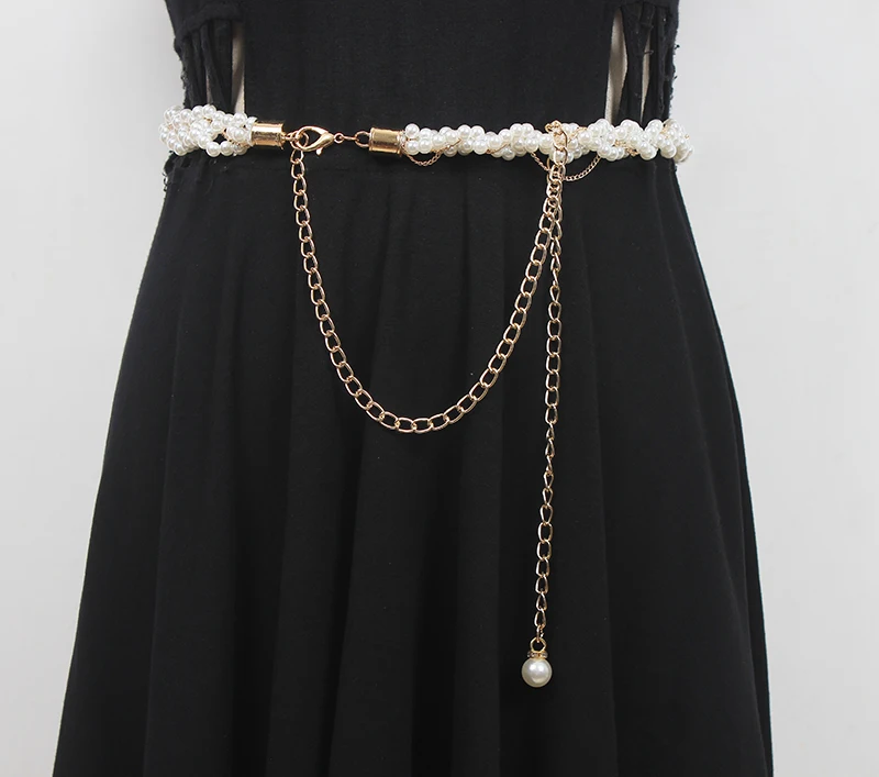 

Women's Runway Fashion Pearl Knitted Chain Cummerbunds Female Dress Corsets Waistband Belts Decoration Narrow Belt R1345