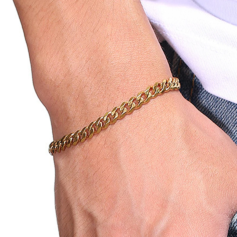 Hip Hop Chunky Miami Cuban Chain Bracelet For Men Simple Gold Color 5MM Stainless Steel Punk Hand Jewelry Gift KAH017
