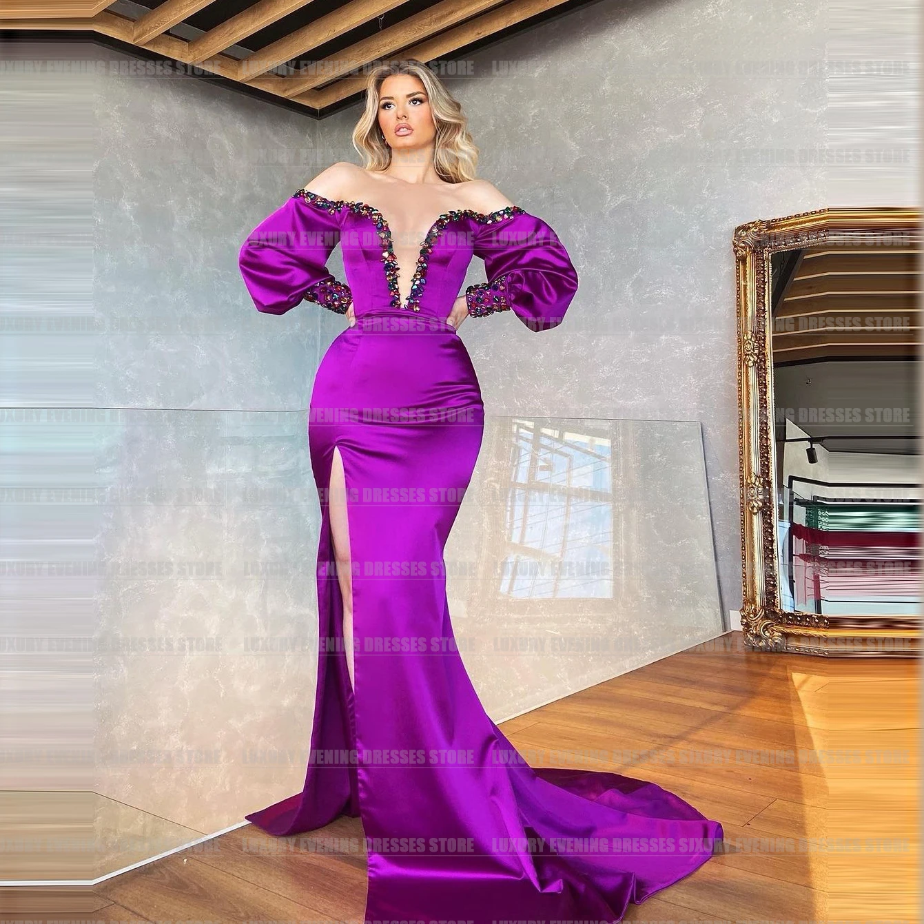 

Sexy Crystal Mermaid Evening Dresses For Woman Off The Shoulder Side Split Puff Sleeve Formal Elegant Party Prom Gowns Vestidos