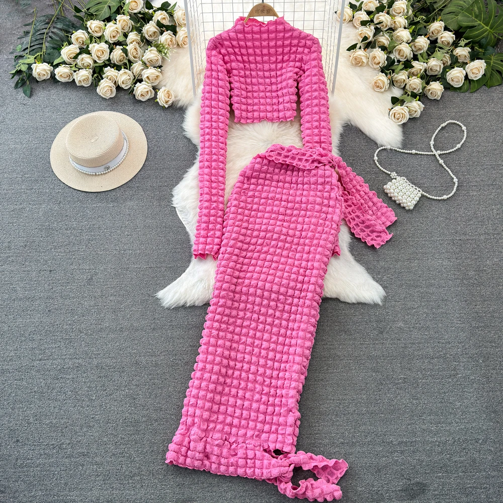 

Женские костюмы в стиле милой одежды, короткий топ в виде попкорна + облегающая Асимметричная юбка с высокой талией