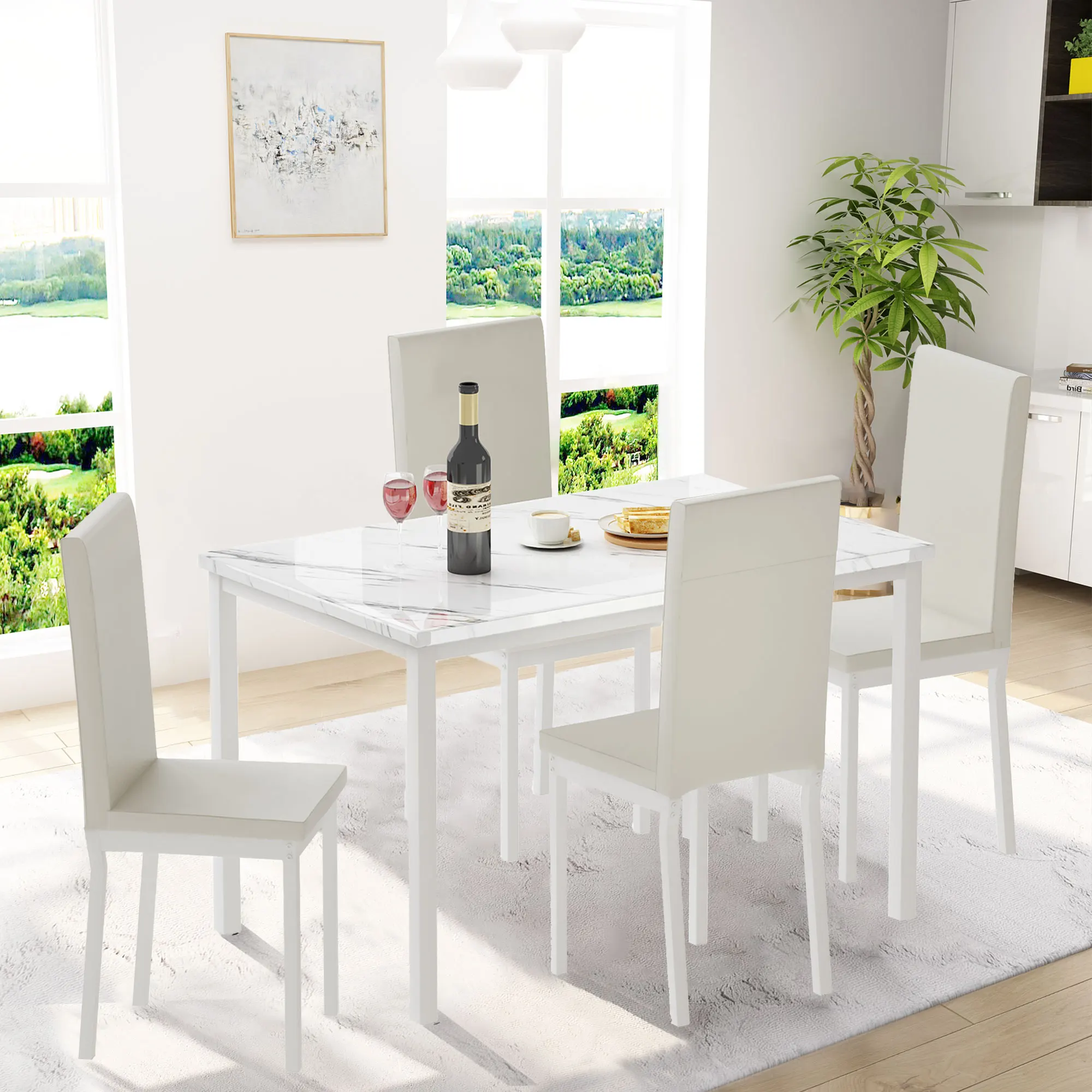 

5 Pieces Dining Set Kitchen Table Set with Marble Top 4 Durable Black Faux Leather Upholstery Chairs for Breakfast Nook