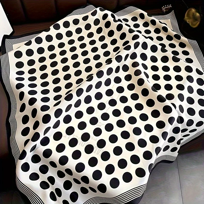27" Schwarz Weiß Polka Dot Quadratischer Schal Eleganter Stil Dünner seidiger Halstuch Lässiges dekoratives Haarband für Frauen – Detail 8