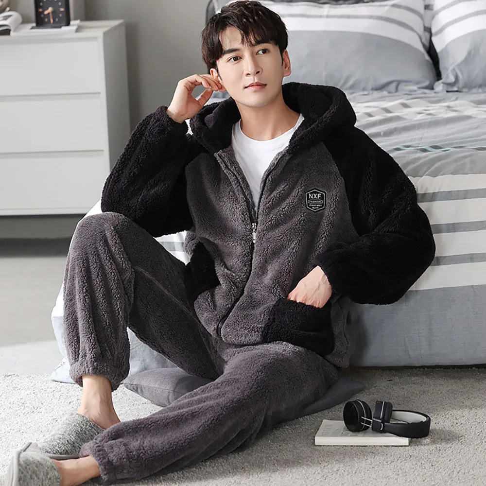 Men Winter Warm Flannel Thicken Pajama Casual Loose Hooded Sleepwear for Sleeping Fashion Patchwork Loungewear pijama hombre 4XL
