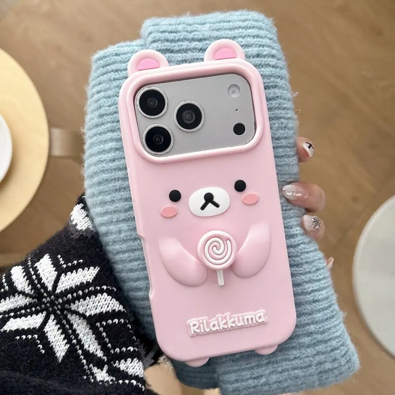 Adorable 3D Cartoon Rilakkuma Bear Lollipop Phone Case - Shockproof Soft Silicone Cover