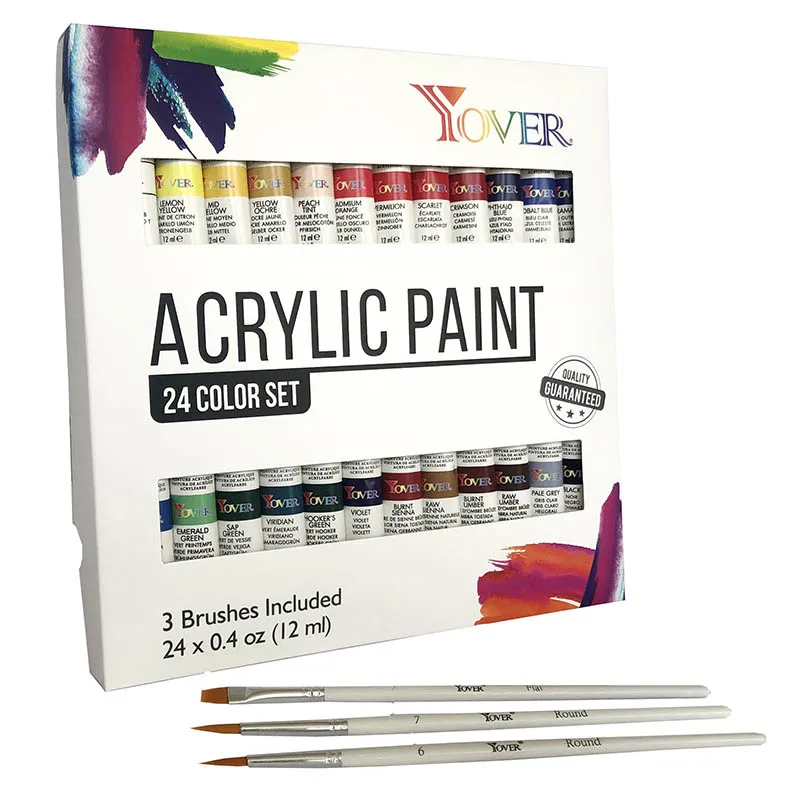 Yover Acrylic Paints 24 Colors Professional Brush Set 12ml Tubes Artist