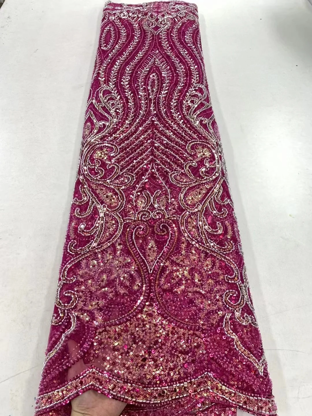 

African Net Beaded Lace Fabric High Quality Lace Sequins French Tulle Lace 5 Yards Nigerian Lace Fabric For Wedding Dress PL0733