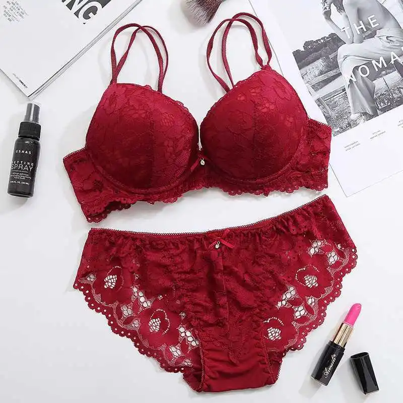 Women Sexy Push Up Bra Set Deep V Gathering Underwear and Panties  Comfortable Breathable Brassiere Hight Waist Lace Panty - AliExpress