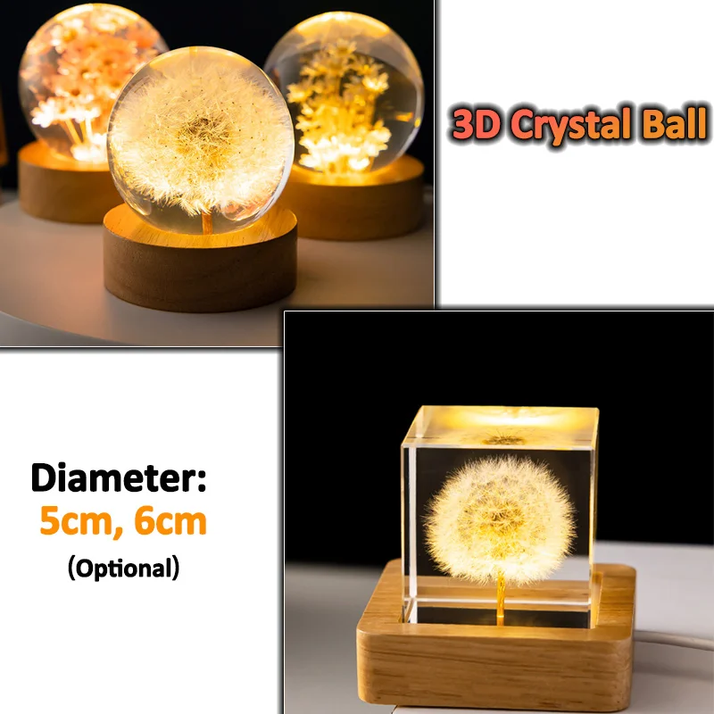 Crystal Ball 3D Dandelion 5cm 6cm Luminous Immortality Flower Gift with Wood Stand Base