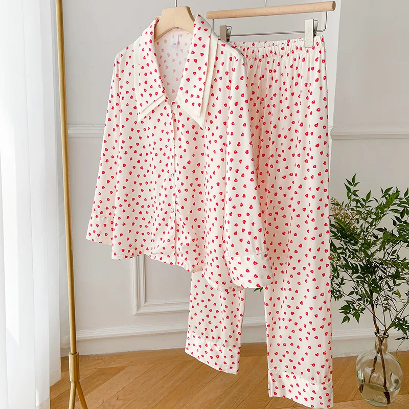 

Sexy Red Love Heart Printed Satin Princess Collar Long Sleeve Shirt Pants 2Pcs Women Sleepwear Homewear Female Pajamas Set