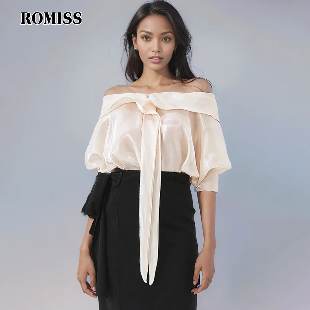 

Женская однотонная элегантная рубашка ROMISS в стиле пэчворк на шнуровке с воротником-лодочкой и рукавом до локтя, темпераментный пуловер, блузки, женский стиль
