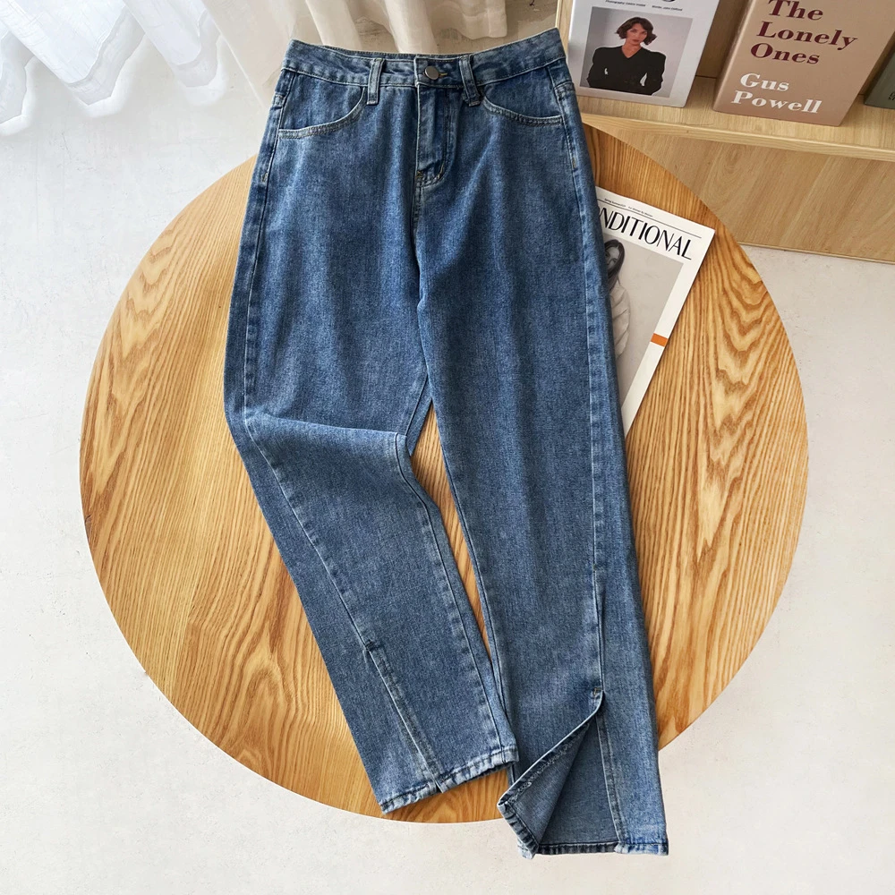 Spring and summer new street fashion solid color split nine-point jeans for women, high waist slim straight jeans for women purple brand jeans