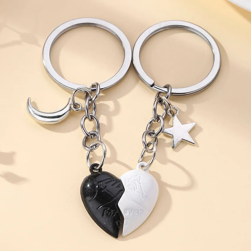 2pc/set Creative Magnetic Heart Keychain Silver Color Star Moon