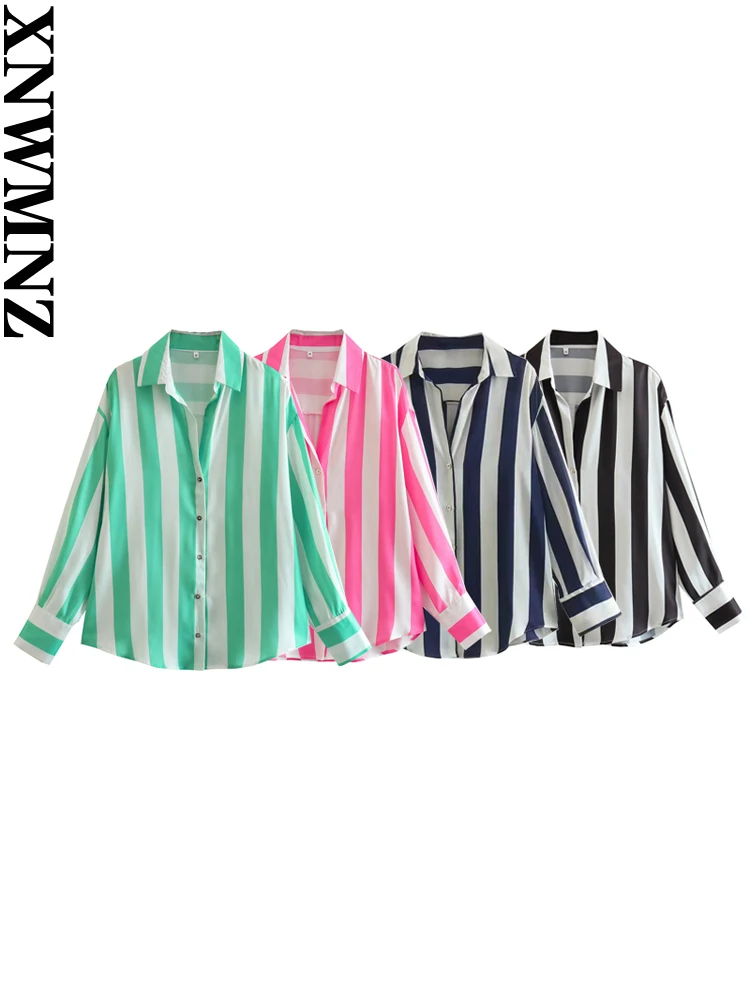 

XNWMNZ 2023 Women fashionable striped satin flowing shirt Woman retro lapel long-sleeved top female chic blouse