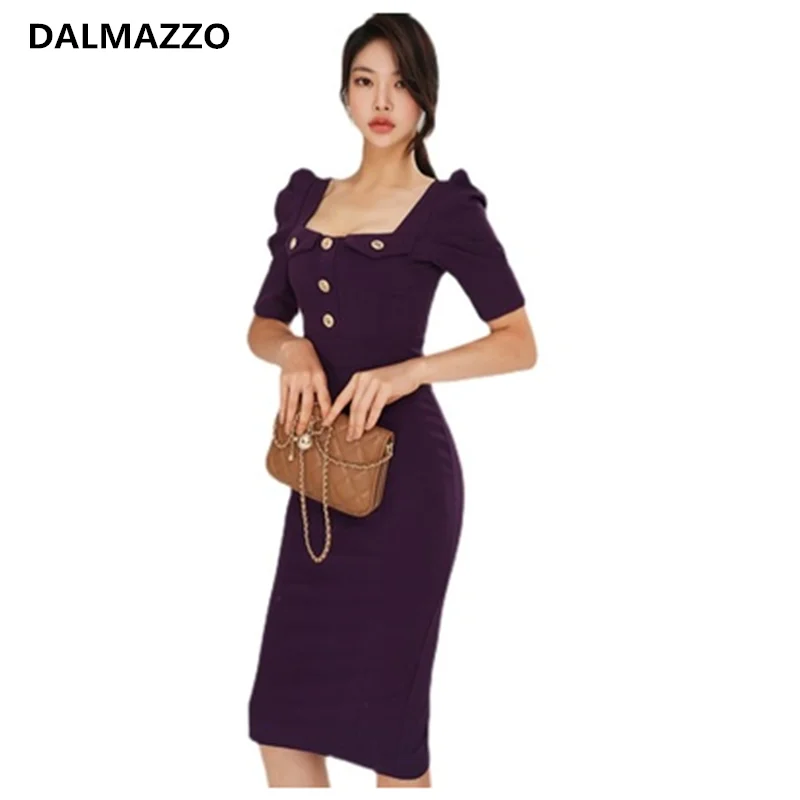 

DALMAZZO New Korean Fashion High Waist Bodycon Pencil Dress Women Square Collar Buttons Slim Sexy Package Hip Profession Vestido