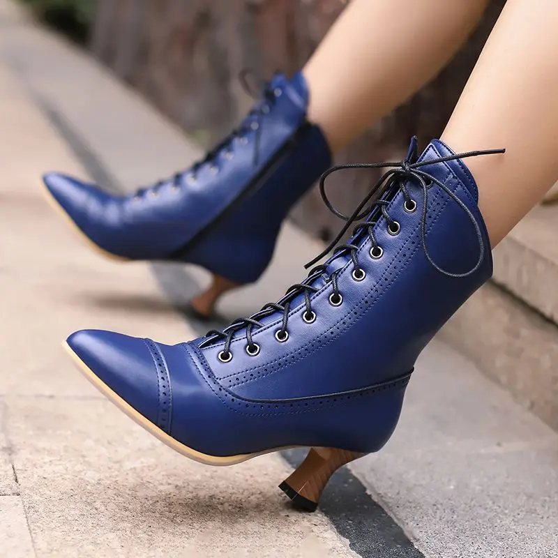 Kcenid Autumn Winter Women Modern Punk Boots Pointed Toe Lace Up Med Strange Heel Fashion Ankle Western Boots Shoes Woman