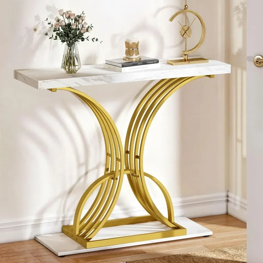 Gold Console Table, Modern Sofa Table for Living Room, Hallway, 40 Inch Narrow Entryway Table, Faux Marble White