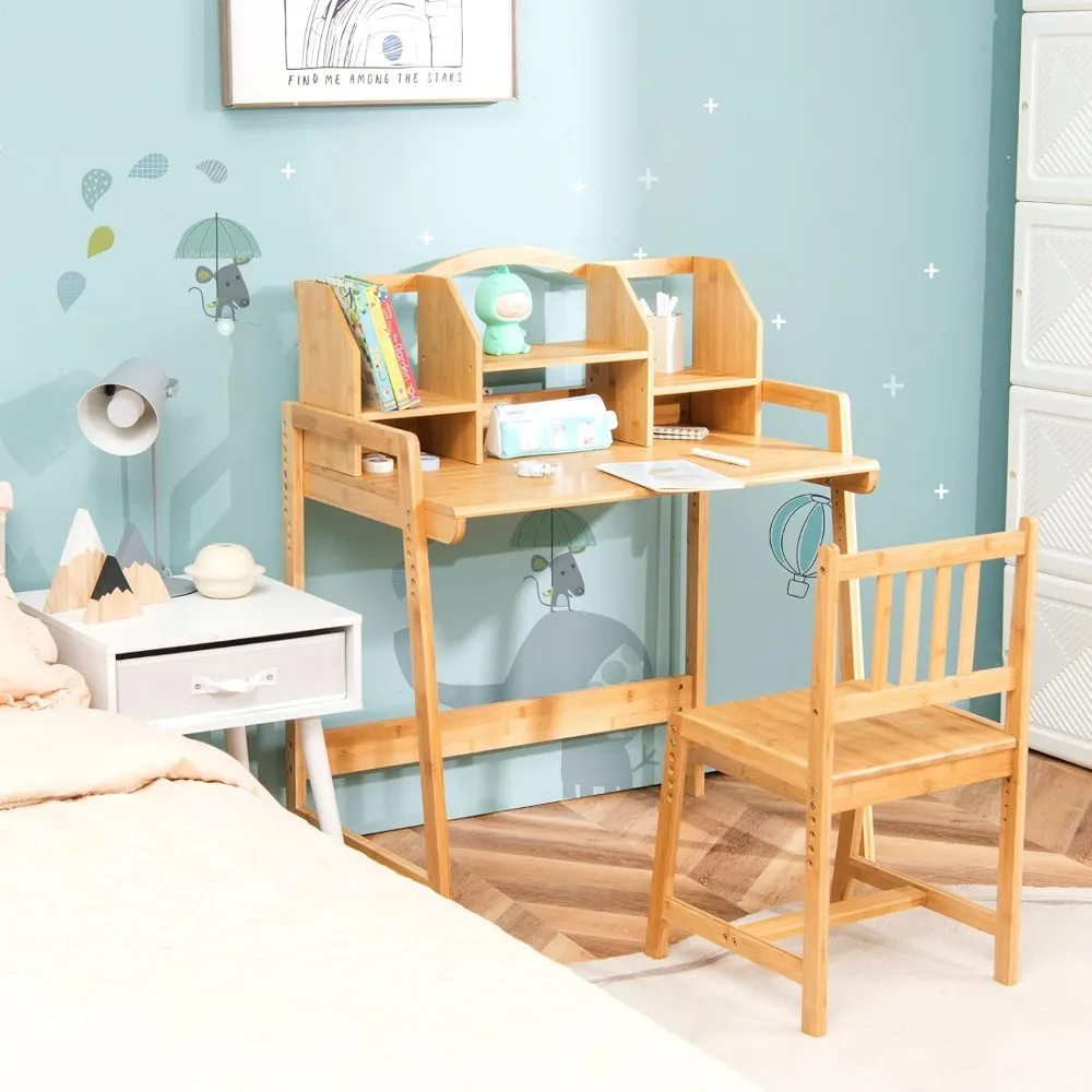 Kids Desk and Chair Set, Height Adjustable Bamboo Desk with Storage Hutch, Student Writing Computer Workstation for Bedroom 2