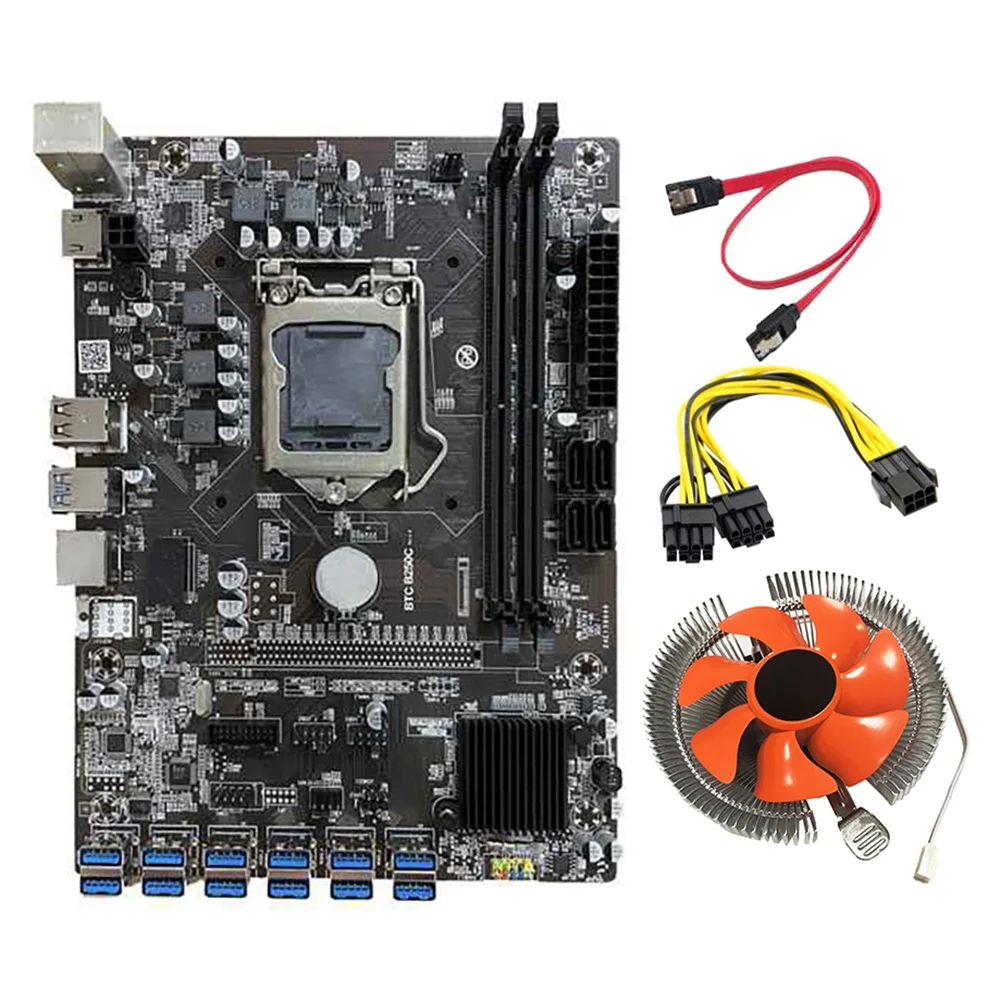 

Материнская плата B250C для майнинга BTC, 12 USB3.0 в графический слот PCI-E16X, LGA1151 DDR4 DIMM с вентилятором ЦП + кабель питания 6-8 контактов