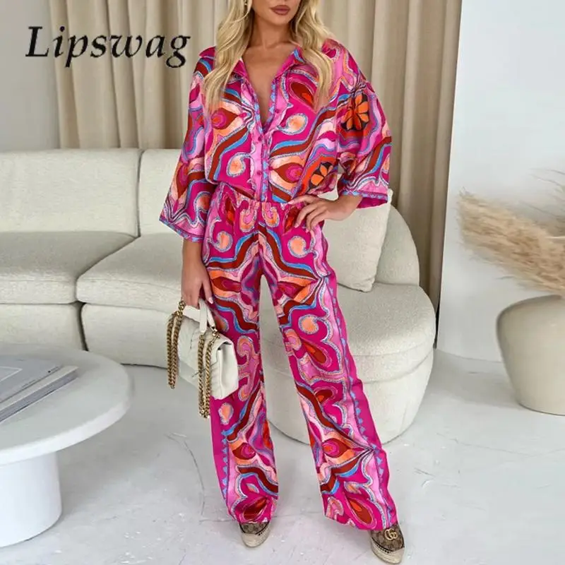 

2024 Wear Lapel Single-Breasted Shirt + Trousers Suit Retro Contrasting Color High Street Suit Fashion Pattern Print Casual Wear
