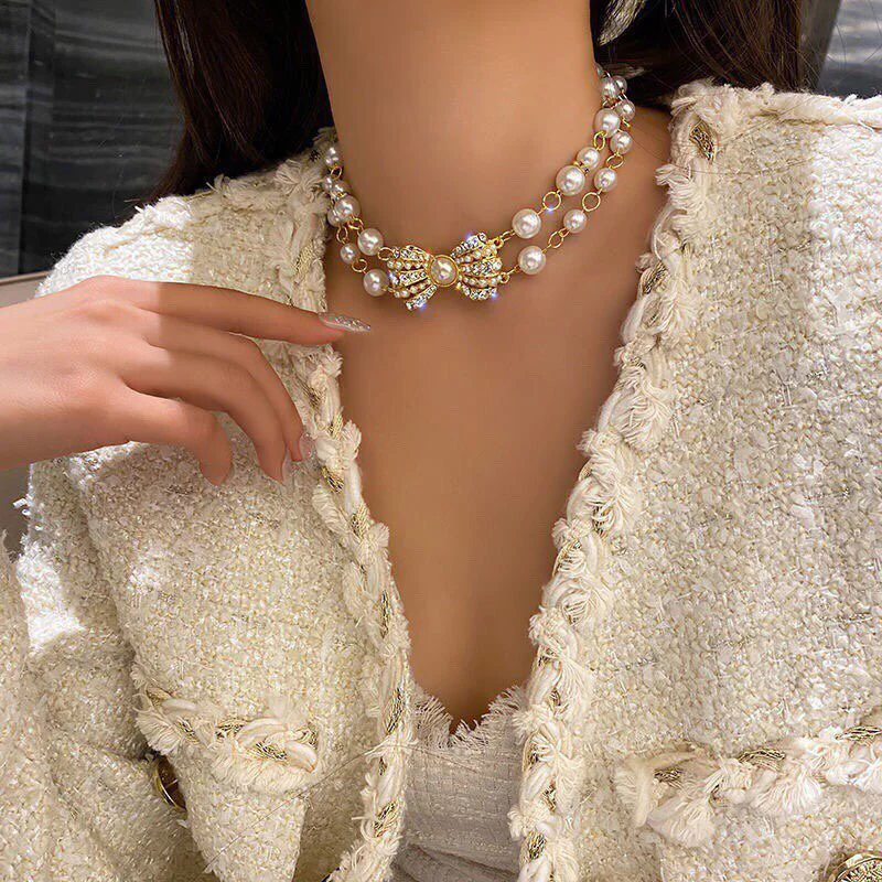 2022 Hot Trend Brand Bow Knot Pearl Diamond Inlaid Double Row Chain Necklace Jewelry Sterling Silver Seiko Customization