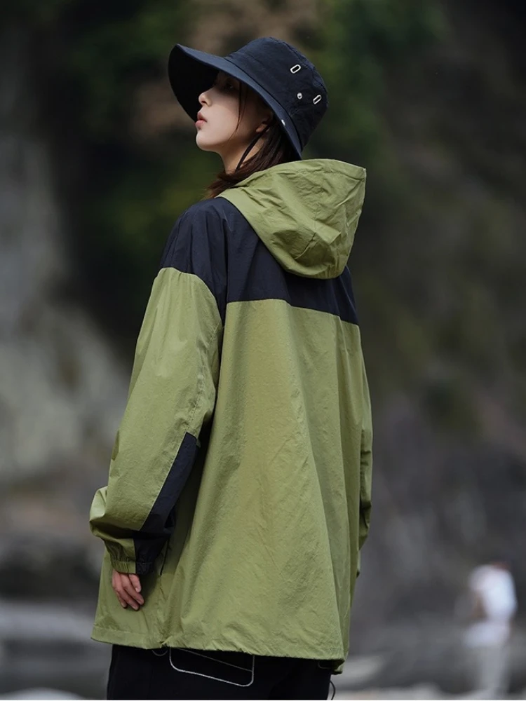 American Vintage Patchwork Long Sleeve Hooded Jacket Sweatshirt Sun Protection Outdoor Fishing Riding Men's Women's Thin Coat