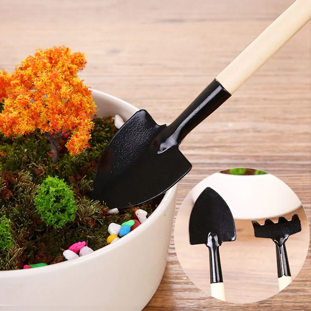 3pcs/Set Mini Gardening Tools Wood Handle Shovel/Rake/Shovel Potted Plants Shovel Rake Spade for Flowers Potted Plant