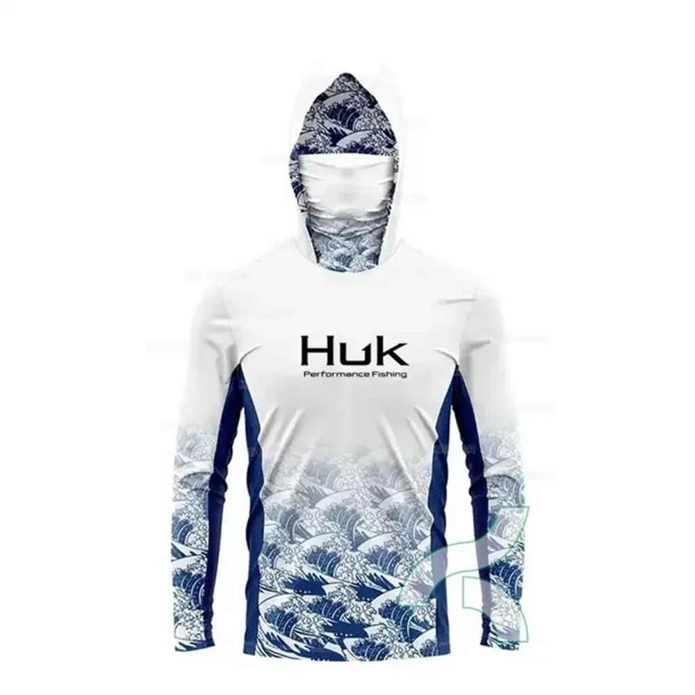HUK Fishing Shirt Men Performance Long Sleeve Fishing Hooded Shirt With Face Mask Summer Outdoor Sun Protection Fishing Clothes