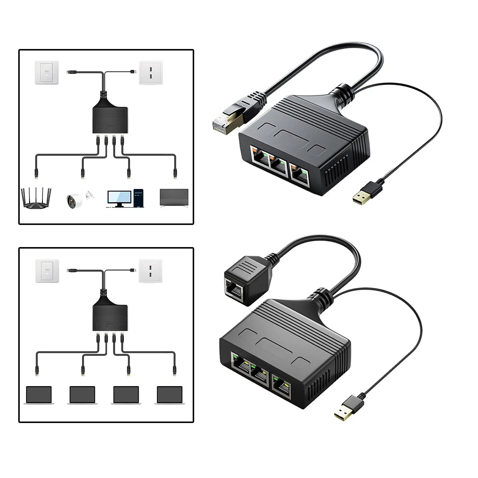 RJ45 Ethernet Splitter Extension Cable 1 to 3 Ways High Speed RJ 45 Connector Network Adapter for Cat5/5e/6/7/8 Cable