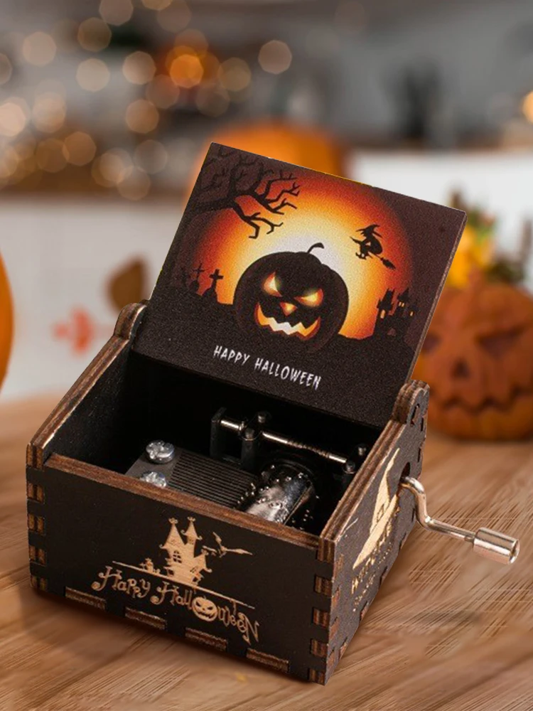 Halloween Eve Wooden Antique Engraved Musical Box Fright Night Musical Box Engraving Nightmare for Halloween Party