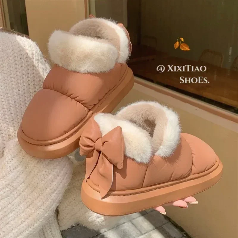 Winter short boots cute bow warm padded snow boots men and women creative new waterproof down outdoor snow season